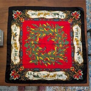 Avon 1970s Christmas Sleigh Ride Scarf Red Holiday Square Scarf